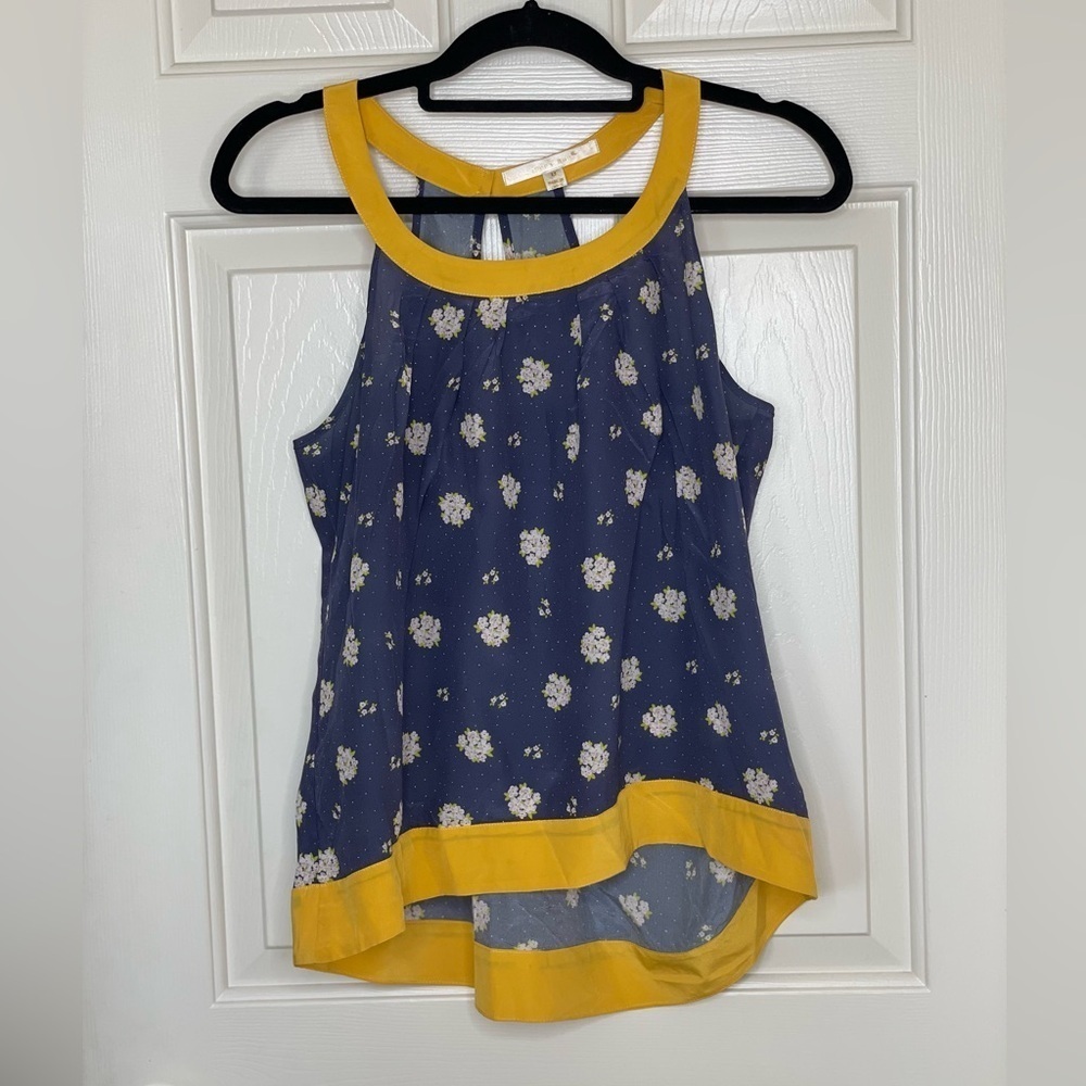 Jenny Han blue and yellow floral 100% silk sleeveless high low blouse | M